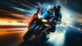 Professional motorcycle racer speeding on neon track at warp speed in captivating motion