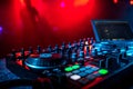 Professional music equipment DJ in a booth in a nightclub