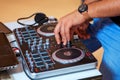 Professional music equipment for playing and control music in nightclub with hands DJ
