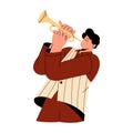 Professional musician blowing in golden horn. Young man performs on wind instrument. Blues performer plays trumpet solo