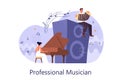 Professional musician concept. Woman playing grand piano and man