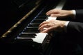 Professional musician pianist hands on piano keys of a classic piano.