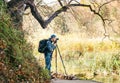 Professional Nature photographer using a tripod takes a shot of