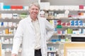 Professional near counter. Portrait of smiling medical professional standing near counter at drugstore. Royalty Free Stock Photo