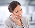 Professional, networking and happy phone call with woman in office with communication of investment. Investor, smile and Royalty Free Stock Photo