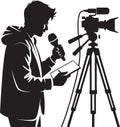 Professional news journalist vector silhouette holding microphone and notebook with camera on tripod Royalty Free Stock Photo