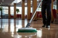 Professional office cleaner performing detailed cleaning in bright, spacious office environment