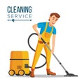 Office Cleaner Vector. Work Wiping, Dusting, Vacuuming Floor Carpets.