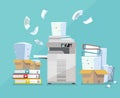 Professional office copier, multifunction scanner printer printing paper documents with pile of documents, stack of papers in