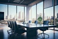 An professional office executive conference room open space with large glass windows