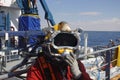 Professional offshore commercial diver with a helmet