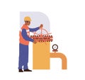 Professional oil industry worker cartoon character in uniform provides pipeline technical inspection Royalty Free Stock Photo