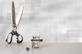 Professional old large tailor scissors and miniature model of b Royalty Free Stock Photo