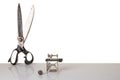 Professional old large tailor scissors and miniature model of b Royalty Free Stock Photo