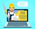 Professional online courses of construction and repair. Builder with a saw in his hand, advertises online courses. Education and