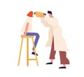 Professional ophthalmologist examining eyes of female with equipment vector flat illustration. Doctor and patient at