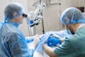 A professional ophthalmologist performs eye surgery with a microscope. The anesthesiologist controls the anesthesia and the