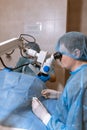 A professional ophthalmologist performs eye surgery with a microscope. The doctor inserted the dilator into the eye, washes and