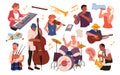 Professional orchestra, musical leisure hobby time, singers and band concert performance, drummer and guitarist vector