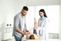 Professional orthopedist examining patient`s leg in clinic Royalty Free Stock Photo