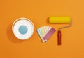 Professional painter work tools on orange background