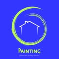 Professional Painting Services Logo. House silhouette and brush stroke. Abstract hand painted colorful textured ink brush on blue