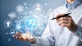 A professional person holding and touching an ai data network concept on display Royalty Free Stock Photo