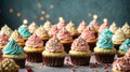 Professional photo of delicious various cupcakes with cream on top