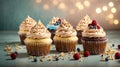 Professional photo of delicious various cupcakes with cream on top