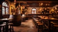 Professional photo of an old beer pub with beer barrels. The atmosphere of a traditional beer pub. Generative AI Royalty Free Stock Photo