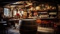 Professional photo of an old beer pub with beer barrels. The atmosphere of a traditional beer pub. Generative AI Royalty Free Stock Photo