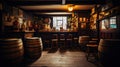 Professional photo of an old beer pub with beer barrels. The atmosphere of a traditional beer pub. Generative AI Royalty Free Stock Photo