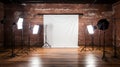 professional photo studio with cameras, tripods, lights, softboxes, backdrops