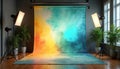Pro photo studio setup with colorful backdrop, soft lighting, and green plants. Ready for creative photo shoots or video Royalty Free Stock Photo