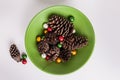 Green bowl of pinecones multi colored Christmas ornaments Royalty Free Stock Photo