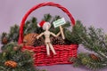 Seasons Greetings sign held by wooden doll wearing Santa hat sitting in red Christmas basket Royalty Free Stock Photo