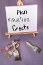 Art canvas on painters easel words Plan Visualize and Create painted in black with paint brushes