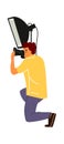 Professional photographer. Cartoon man taking pictures. Male squatted down and shoots photos. Character work with camera