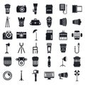 Professional photographer equipment icons set, simple style