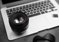 Professional photographer equipment and laptop Royalty Free Stock Photo