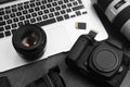 Professional photographer equipment and laptop Royalty Free Stock Photo