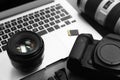 Professional photographer equipment and laptop Royalty Free Stock Photo