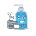 A professional photographer hand wash gel cartoon picture working with camera