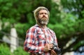 Professional photographer use vintage camera. Bearded man hipster take photo. Brutal stylish man with retro camera Royalty Free Stock Photo