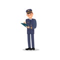 Professional pilot making notes to folder. Young smiling captain in uniform. Worker of airline. Flat vector design Royalty Free Stock Photo