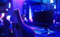 Professional place streamer video gamers room with computer. Cyber sport championship neon color lights