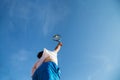 Professional player doing a tennis kick on court in the afternoon. Royalty Free Stock Photo