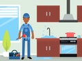 Professional Plumber in Blue Uniform Fixing Plumbing Equipment Vector Illustration