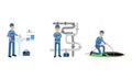 Professional Plumber in Blue Uniform Fixing Sanitary and Pipe Line Vector Illustration Set