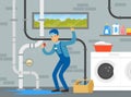 Professional Plumber in Blue Uniform Fixing Sanitary Ware Vector Illustration